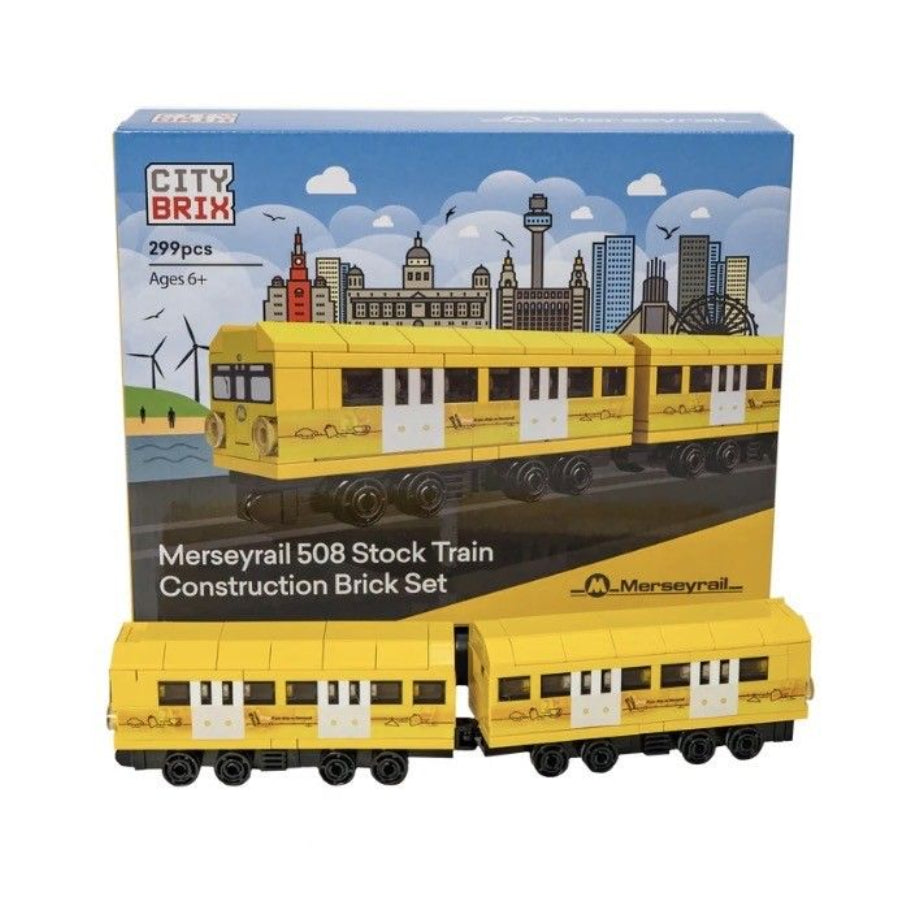 Merseyrail Citibrix 508 Construction Brick Set toy train and its retail box, shown against a white background.