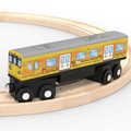 A wooden toy train car labeled 'Merseyrail' shown on a curved wooden track against a white background, with product text below reading 'Wooden Class 508 Toy Train'.