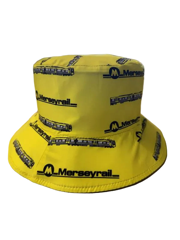 Yellow bucket hat with Merseyrail branding on a white background