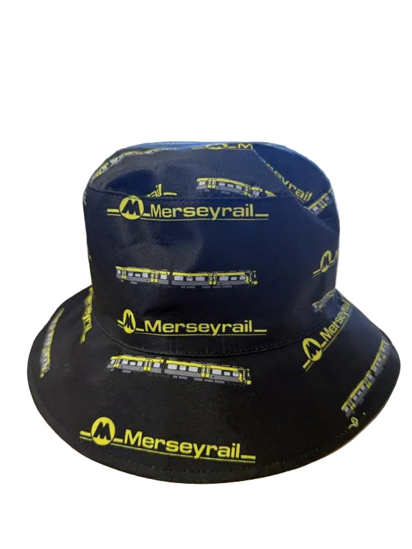 Bucket hat with Merseyrail branding on a white background